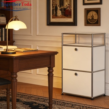 Compact 3-Tier Tall Storage Cabinet 2 Lockable Doors Modular Side Table for Hotel, Home Office & Small Spaces