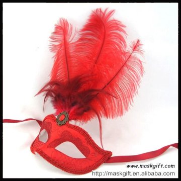 Venetian classic style solid color red glitter ostrich feathered masks souvenirs Mardi Gras/Carnival