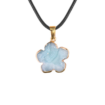 Amazonite 20mm 꽃 포장 된 황금 돌 펜던트 목걸이 45cm 검은 코스