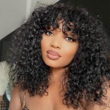 Curly wigs bangs ადამიანის თმის ჭინჭიკებით