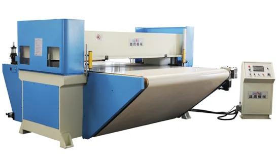 PLC Auto feeding continuous cutting by conveyer belt precision four column hydraulic plane leather cutting machine