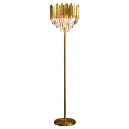 Modern Luxury Gold Double Layer LED Crystal Floor Lamp with White Marble Base for Living Room