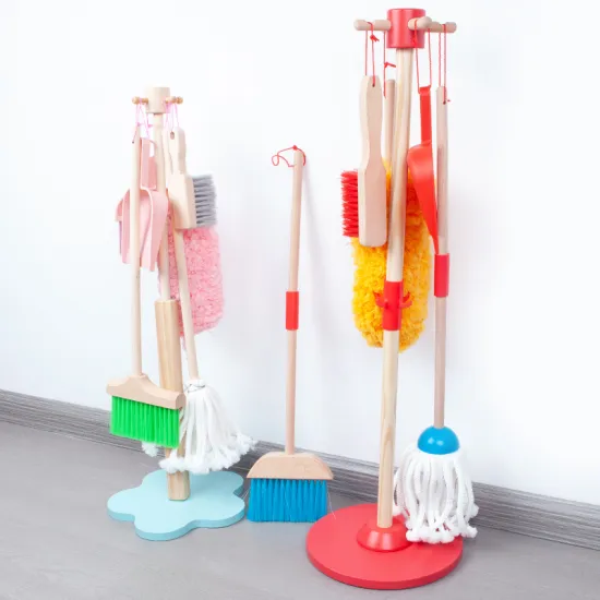Customized Wooden Toys House with Cleaning Tools Stand Set for Montessori Educational Toys