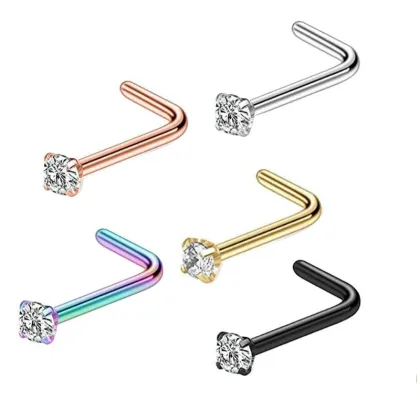 2023 Wholesale Titanium Stainless Steel S Shape L Shape Rhinestone Nose Rings Nose Studs Piercing Jewelry