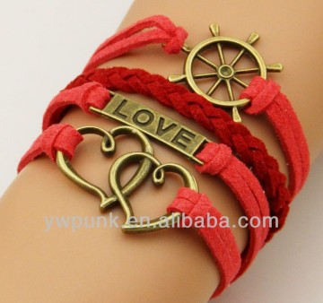 Supply DIY fashion handmade bronze LOVE thwartwise anchor heartrs bracelets red costume jewelry