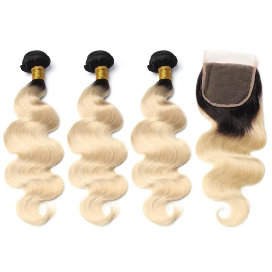 Wholesale Black Root 613 Blonde Raw Virgin Cuticle Aligned  Brazilian Silky Straight Hair Double Drawn Weave Bundles