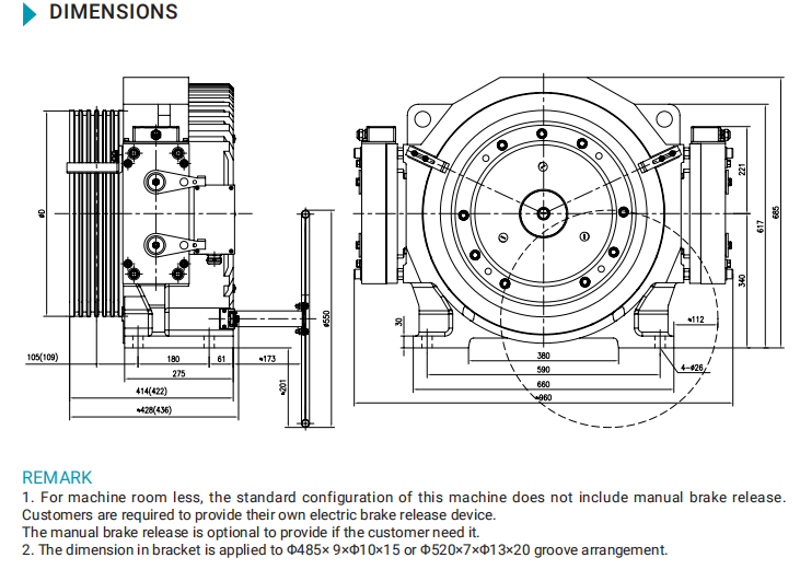 elevator traction machine size