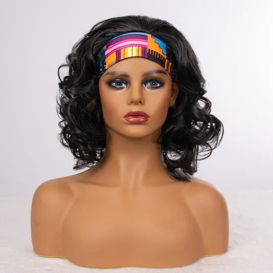 Wholesale Short Black Body Wavy Bob Headband Wigs for Black Women Synthetic Scarf Wigs with Colors Headband Attached