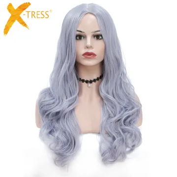 X-TRESS Light Grey Blue Colored Synthetic Wigs With Baby Hair 24 Inch Long Wavy Wigs For Women Machine Made Wig Heat Resistant