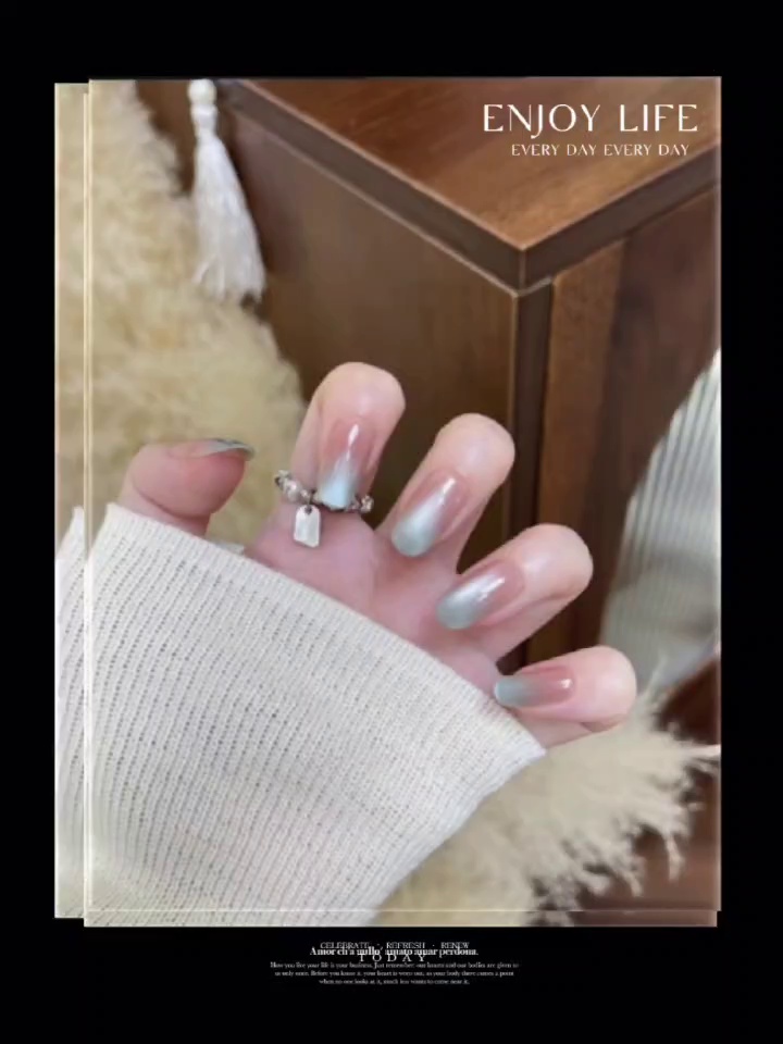 **Water Glow, Mountain Views** Wearable Nail Art, Water-Blue Cat Eye with Blush Accents.