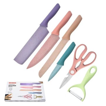 Colorful Stainless Steel Wheat Straw 6-Piece Kitchen Knife Set with Acrylic Stand and Gift Box