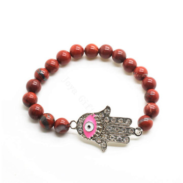 Red Jasper 8MM Round Beads Stretch Gemstone Bracelet with Diamante Evil eye Piece