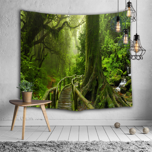 Forest Natural Wall Tapestry Green Trunk Wooden Bridge Tapestry Wall Hanging for Livingroom Bedroom Dorm Home Decor