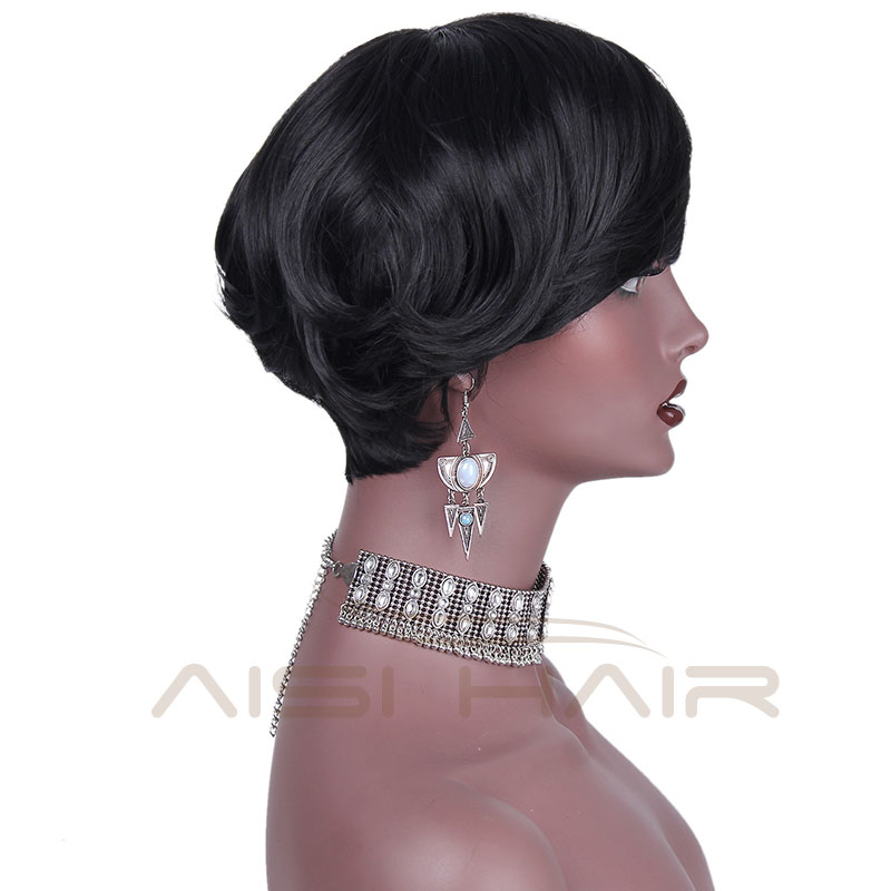 Synthetic Short Wavy Pixie Cut Wig With Bangs Natural Black Color Heat Resistant Fiber Wigs For African American Women