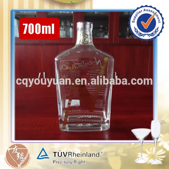 heavy base bar top super white glass empty fancy flat square 70cl glass bottle for liquor