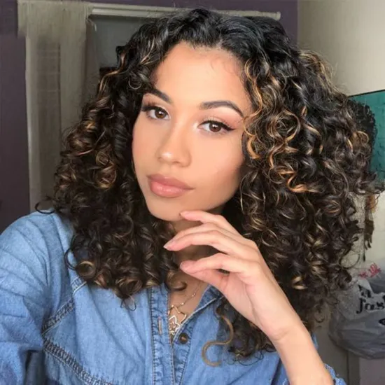 Crochet Braid Hair Wig 100% Peruvian Raw Human Hair P4/27 Short Bouncy Curly Transparent 13x1 Swiss Lace Front Wig For Women