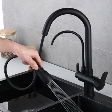 Matte Black Brass Double Hole Bathroom Basin Faucet with Single Handle Hot and Cold Water Mixer