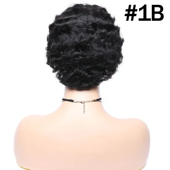 Pixie Cut Short Human Hair Wig Finger Wave For Black Women, Brazilian Virgin Cuticle Aligned Hair Wavy Wig Natural Color 1b