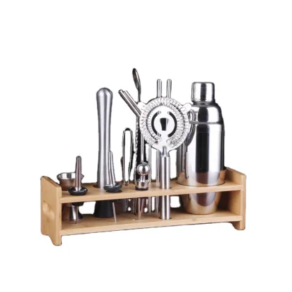 Stainless Steel Bartender Kit with Wooden Stand - Professional Barware Tools for Travel and Cocktail Making