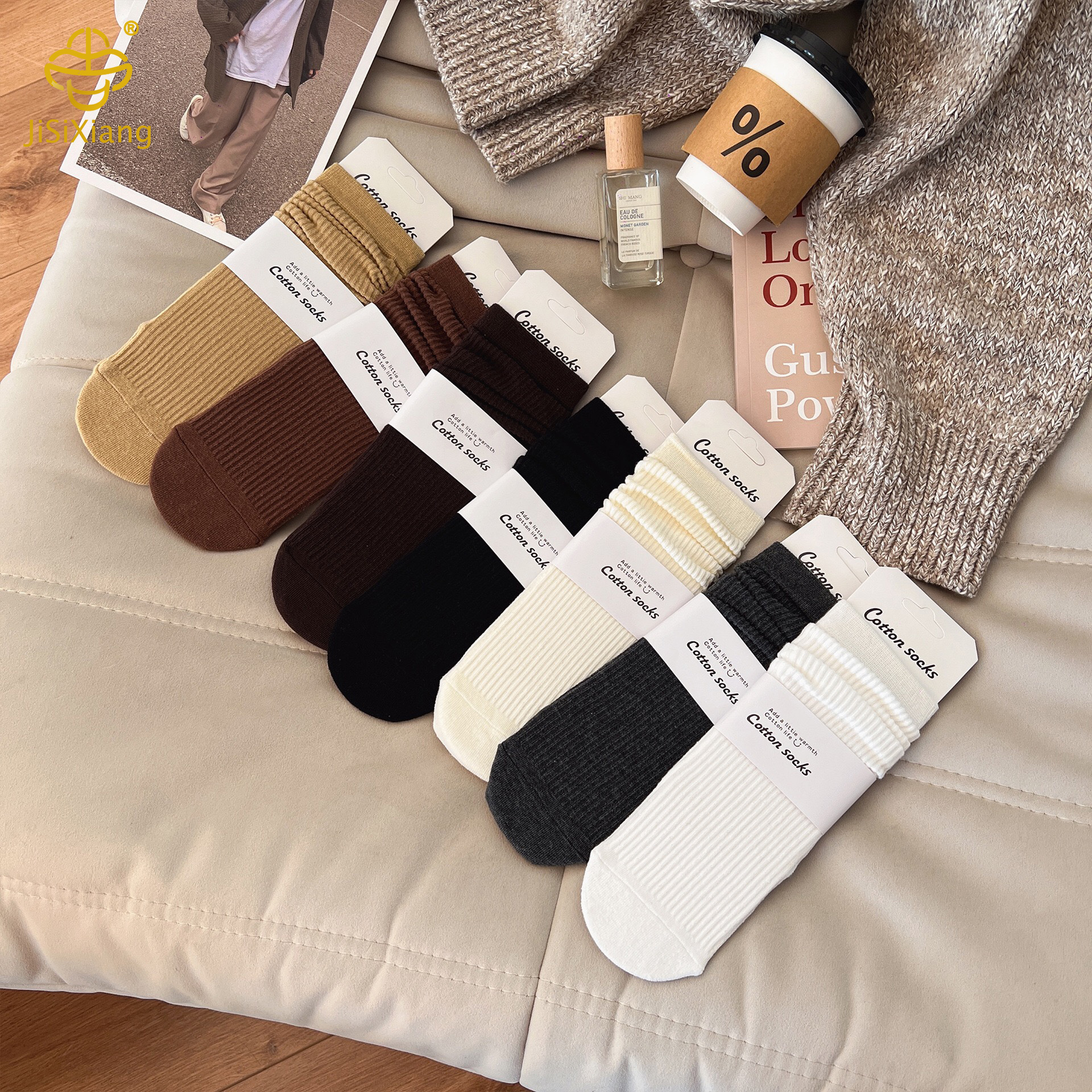 Korean version solid color mid tube socks pile socks college style