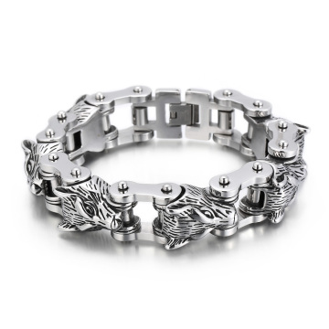 KALEN Punk Stainless Steel Fashion Bracelet with Wolf Heads and Bike Chain for Men