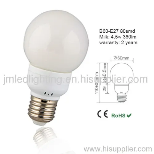 B60 Led Bulb E27 Base Ce Rohs Certificated 4.5w 360lm Lighting Bulbs Milky Cover 