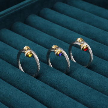 18K Gold Stainless Steel Twelve Birthstone Cable Ring with Diamonds