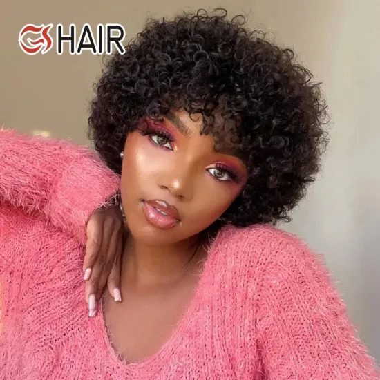 GS High Quality Glueless Brazilian Virgin Hair Pixie Wigs 1B Curly Lace Front Wigs