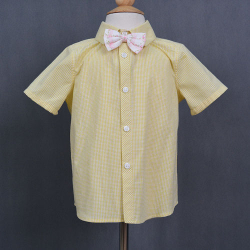Moda verão amarelo algodão verificação tecido menino camisas