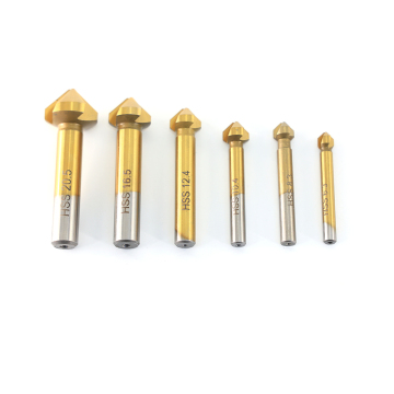 6 Piece 90 Degree 3 Flute High Speed Steel (HSS) 4341 Countersink Cutter with Titanium Coating and Chamfer End Mill Drill Bit Set