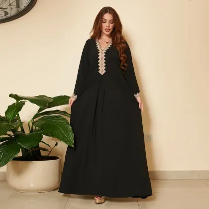 Middle East Muslim Fashion Kaftan with Lace - National Style Muslim Dress Islamic Clothing