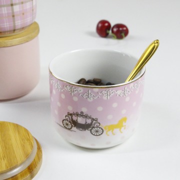 Ceramics Food Storage Jar Set with Wooden Lid - 350ml Pink Container for Coffee, Tea, Sauce, Sugar