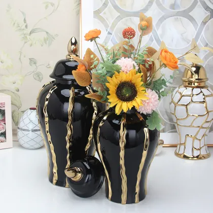 Nordic Black Ceramic Ginger Jar - Luxury Home Decor Vase