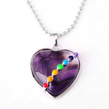 Seven Chakras Gemstone Amethyst Heart Pendant Necklace