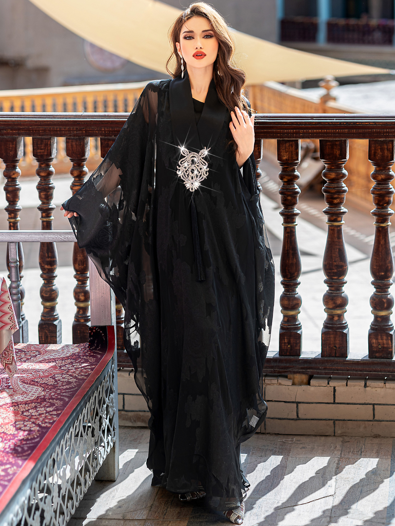 Jacquard Mesh Embroidered Abaya Detail View 1