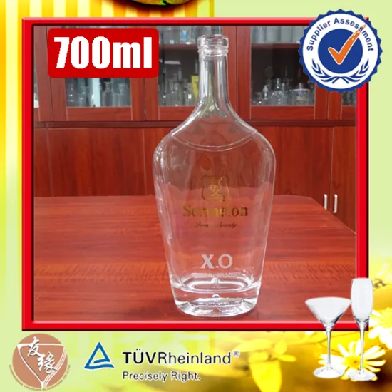 China high flint glass corkmouth flat shaped cheap 70 cl empty xo brandy bottles wholesale