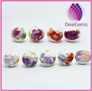 Bead, porcelain 12mm round with flower