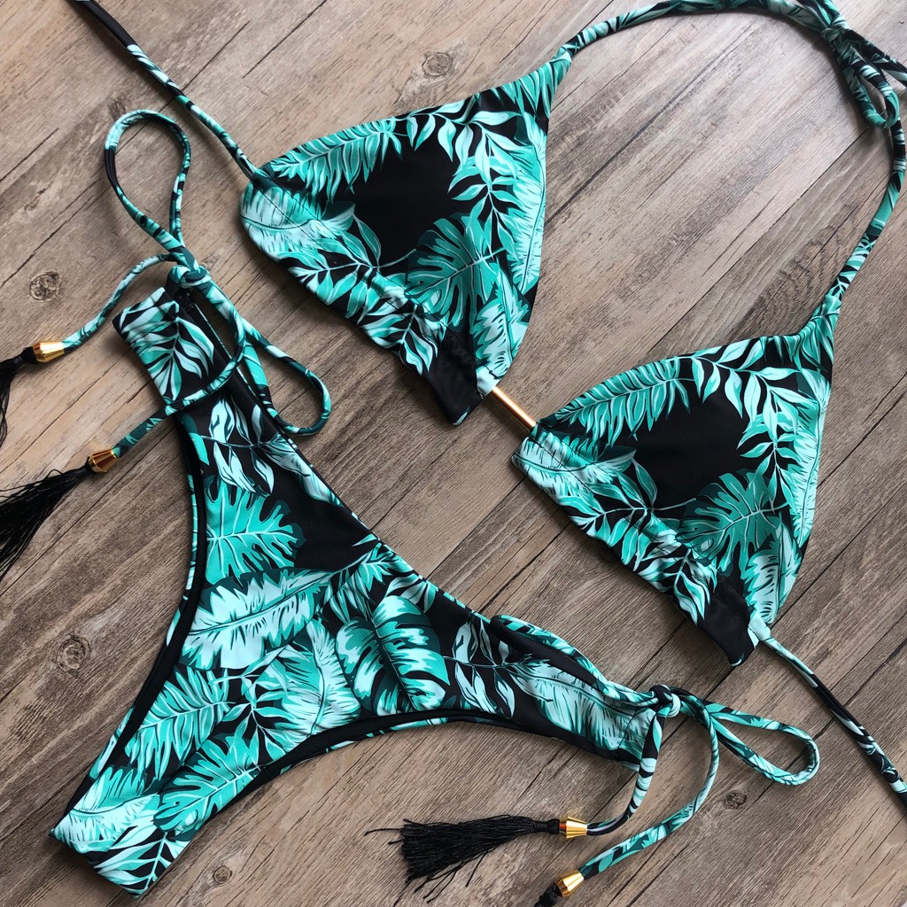 Women's Sexy Bikini Swimsuit Bronzing Printed Tassel Lace Split Bikini Push-up Beachwear Swimwear Swimwear#40