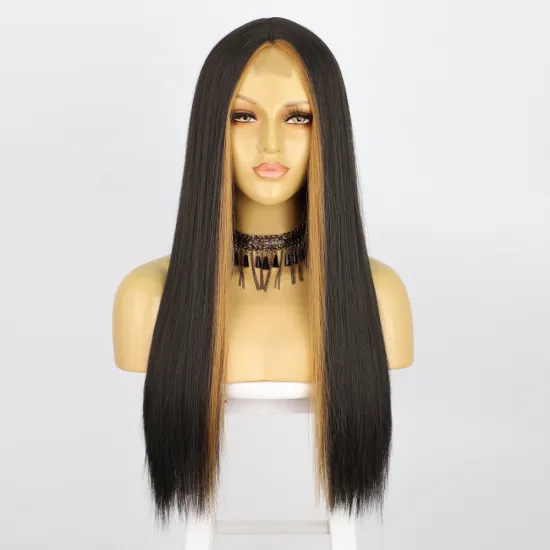 Vigorous Brown Highlights Full Women's Wig Centre Parting Long Straight Layered Heat Resistant synthetic hair lace wigs