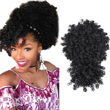 Hot Black Afro Puff Hair Pieces For Women Short Kinky Curly Chignon With Bangs Drawstring Ponytail Synthetic Hair Bun Extensions