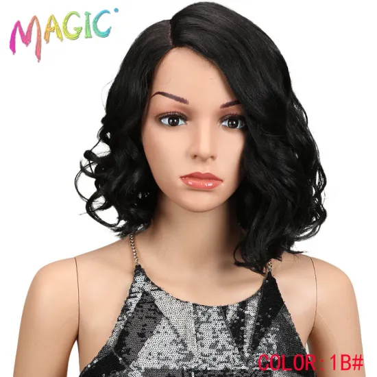 Magic Hair Short Loose Wavy Bob Wigs 12"inch Black Synthetic Front Lace Wigs For African American Women High Temperature Fiber