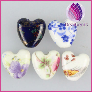 double-sided puffed heart with flower multicolored porcelain Bead