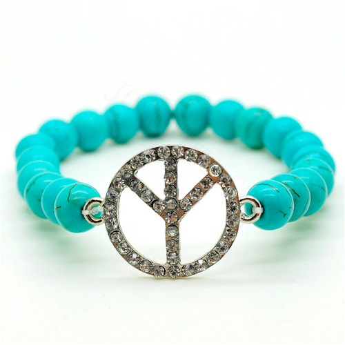Бирюзовый 8мм круглые бусины с эластичным браслетом из драгоценного камня с логотипом Diamante Peace