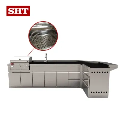 DIY Gas Kebab BBQ L Shape Outdoor Kitchen Cabinets Grill with Granite Counter