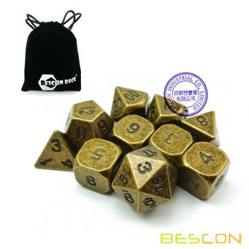 Bescon 10pcs Set Ancient Brass Solid Metal Polyhedral Dice Set, Old Finish Bronze Metal RPG Role Playing Game Dice 7+3 Extra D6s