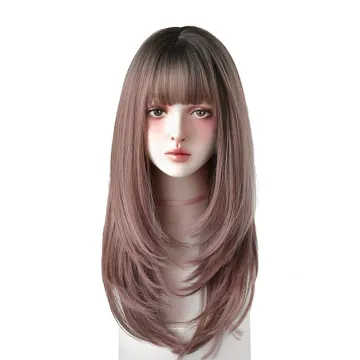 25 Inches Long Straight Wig with Bangs Pink Wig Heat Resistance Women