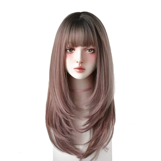 25 Inches Long Straight Wig with Bangs Pink Wig Heat Resistance Women