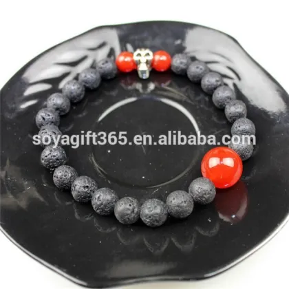 Skull Charm Red Agate Bracelet Lava Stone Bracelet