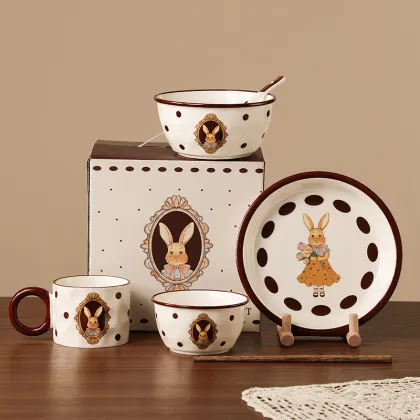 Vintage Peter Rabbit Easter Bunny Dinner Set - Microwave Safe Ceramic Plate, Bowl, Spoon, and Cup for One