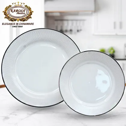 Embossed Platinum 10.5 Inch 8 Inch White Porcelain Bone China Dinner Plate Set